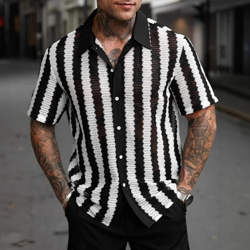 Striped Shirt Men Single Breasted Hollow Out Shirts Short Sleeve Cardigan Shirt Knit Buttons Slim Fit Summer 2025 Spliced
