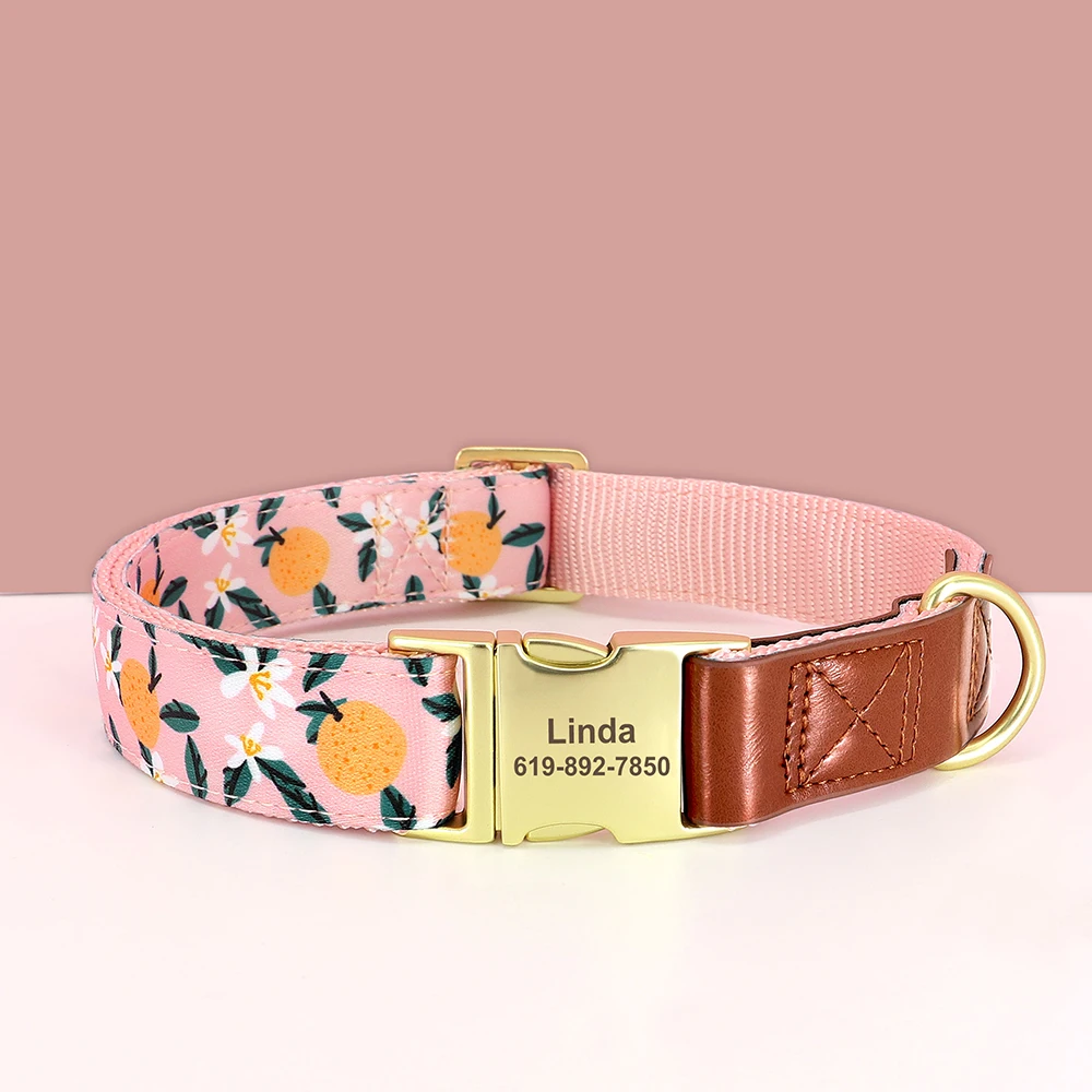 Custom Engraved Dog Collar Personalized Nylon Pet ID Collars Flower Print PU Leather Dogs Collar Adjustable for Small Large Dogs