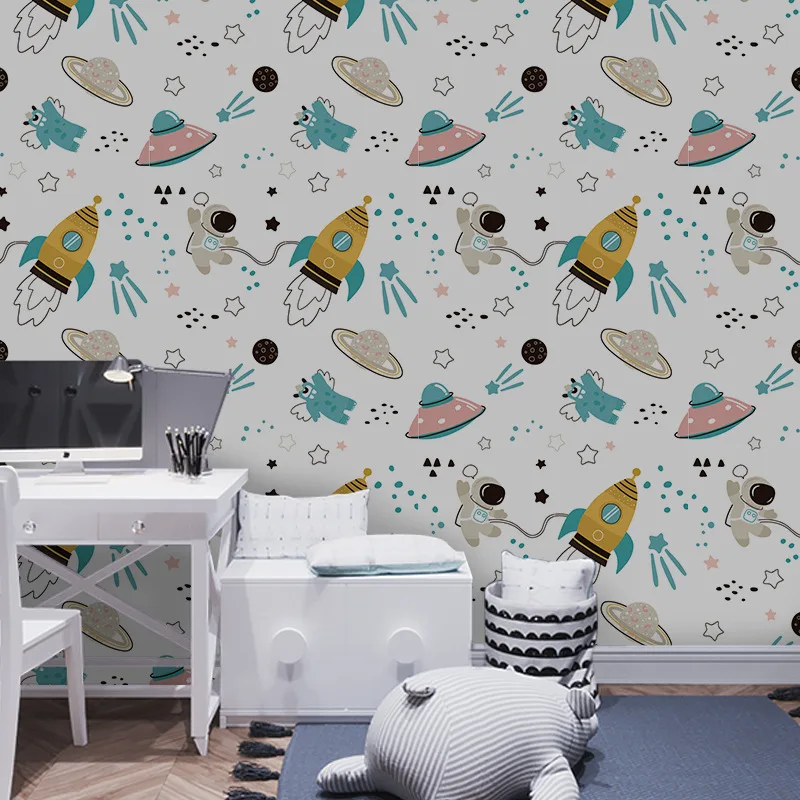 Cartoon Wall Paper for Kids Room Astronaut Space Rocket Planet Printed Self Adhesive Wallpaper Home Cabinet Decorations