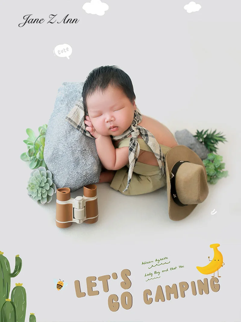 Baby boy girl camping theme photography props hat+scarf +clothes newborn shooting