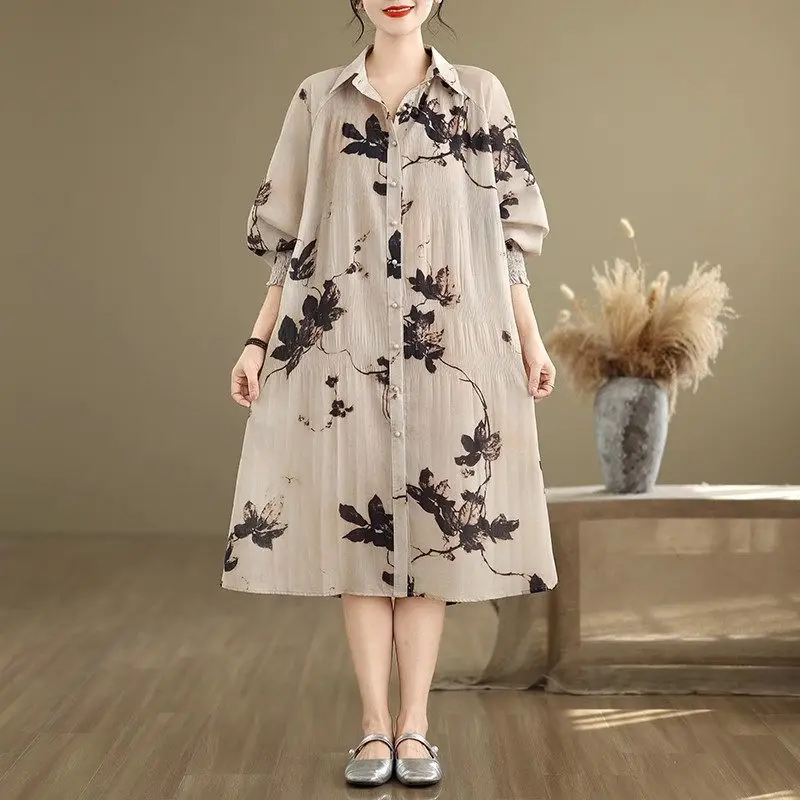 Abito camicia da donna retrò con stampa a inchiostro cinese - Abito primaverile-autunno stile cardigan dalla vestibilità ampia con orlo svasato G179