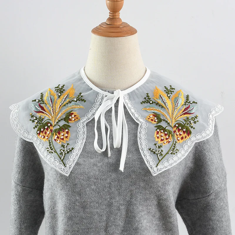 Korean Summer Floral Embroider Fake Collar Neck Guard Scarf Female Shoulder Wraps Cape Removable Shirt Detachable Collar