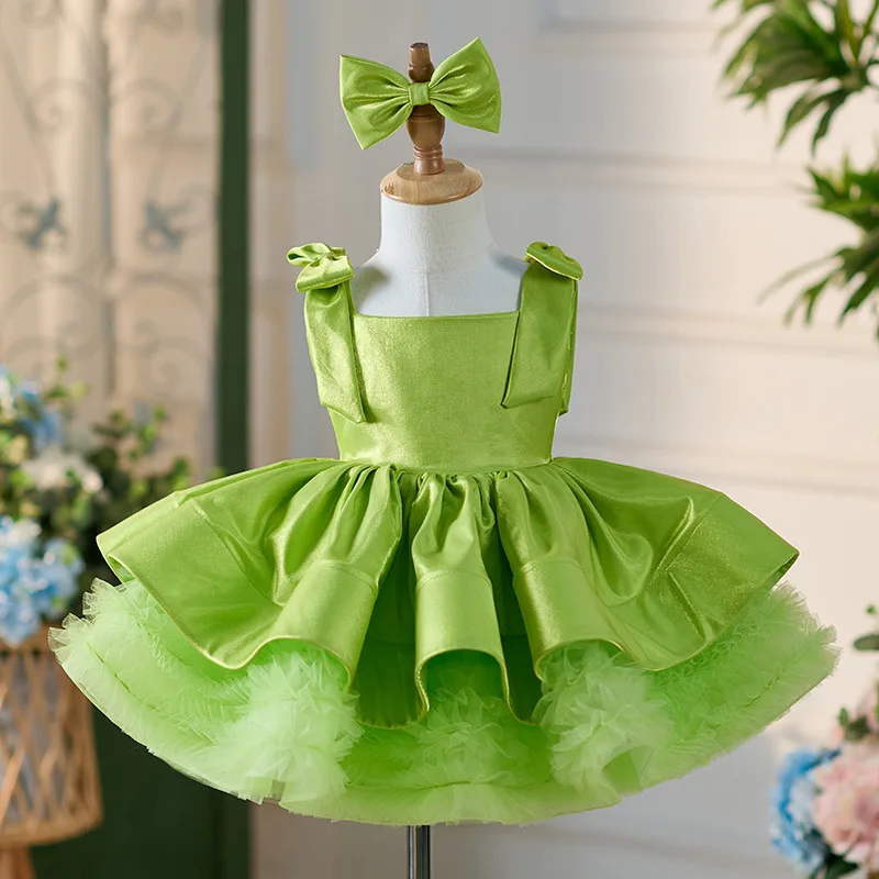 Christmas Elegant Children's Evening Dress New 0-12 Birthday Party Silk Mesh Bow Girl Princess Dress+Bow Headpiece