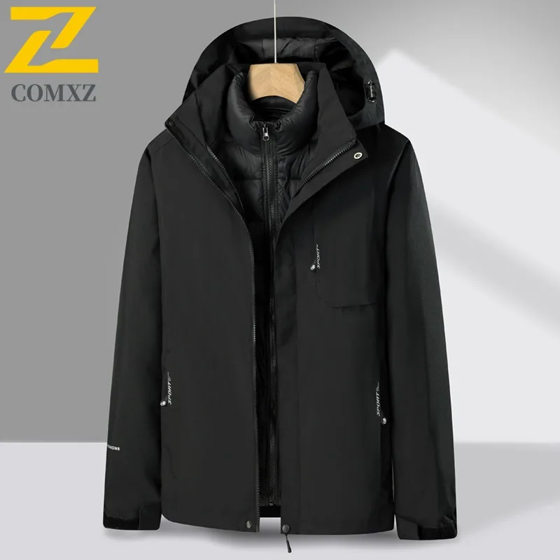 COMXZ 2025 Winter Couples Detachable Hood 3 in 1 Waterproof Windproof Jacket Thick Outdoor Sports Coat lightweight windbreaker