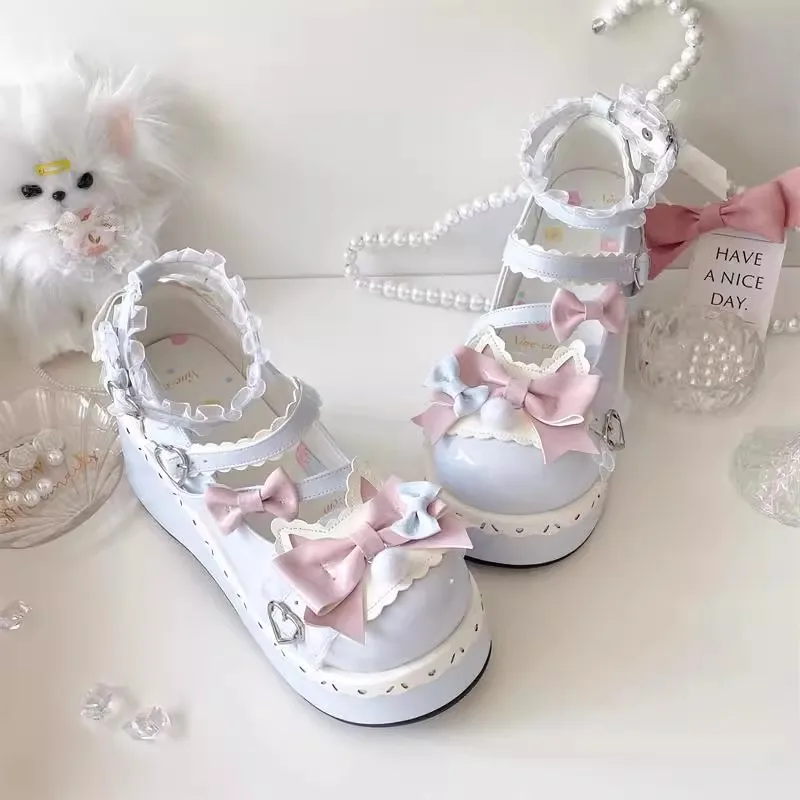Margherita Mary Jane Thick Heel Platform Lolita Shoes Women's mid Heel Floral Season Lo Shoes Lolita Small Leather Shoes