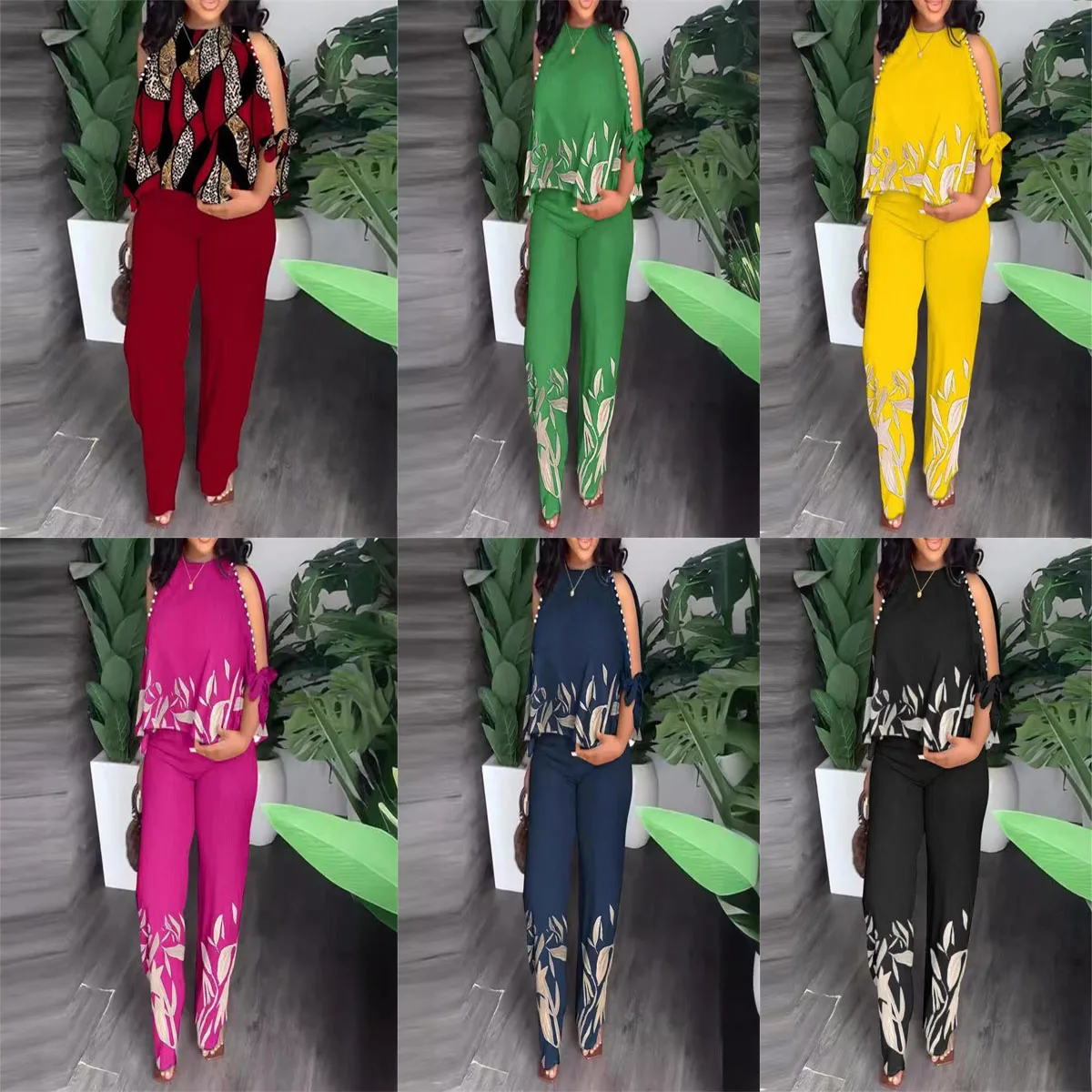 5XL Two Piece Sets Women Outifit Beaded O-Neck Split Sleeve Top & Casual High Waist Straight Leg Pants Set Summer Trousers Suit
