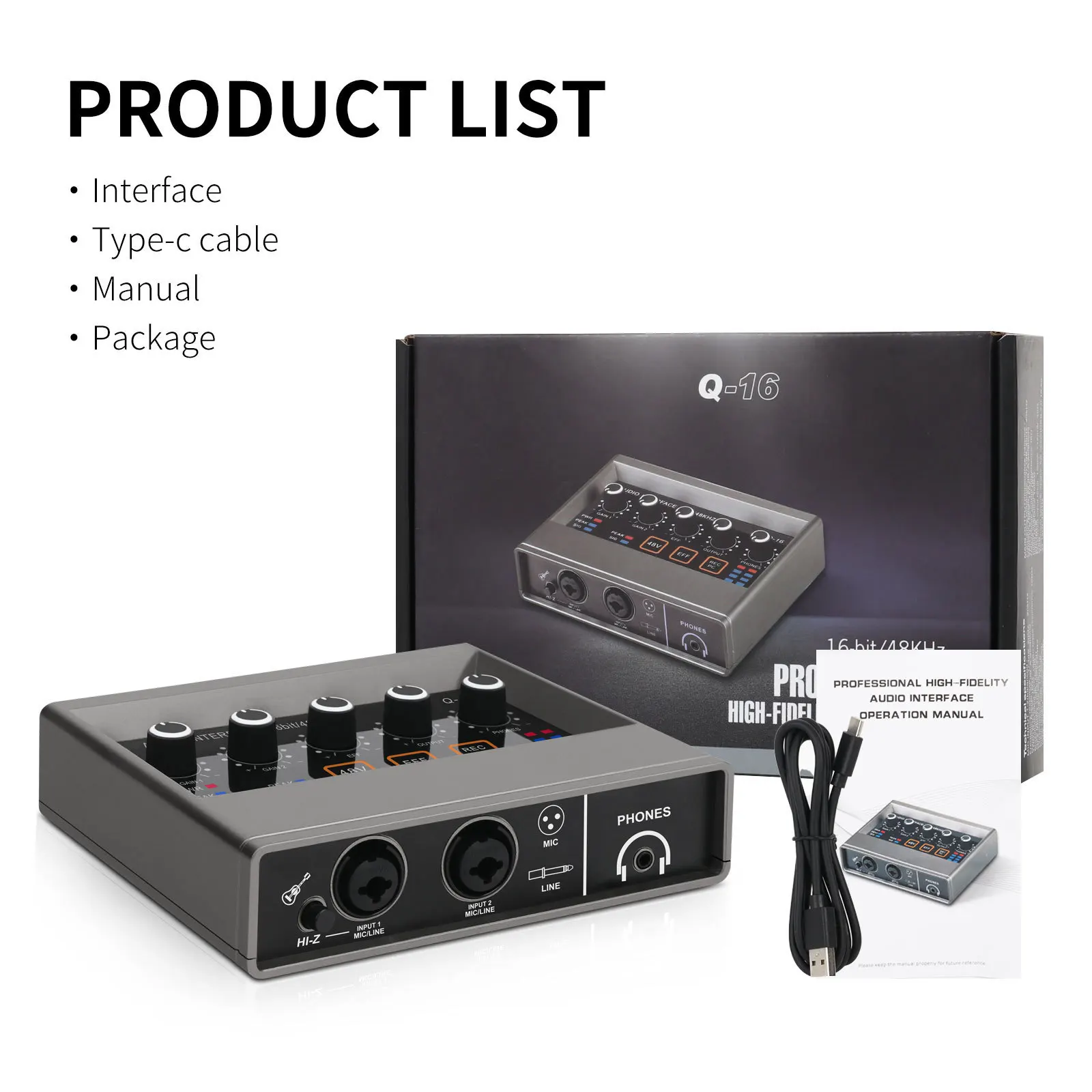 Q16 Professional Audio Interface Sound Card, Computer Live‑Streaming Mixer, Compact Audio Recording Studio Equipment