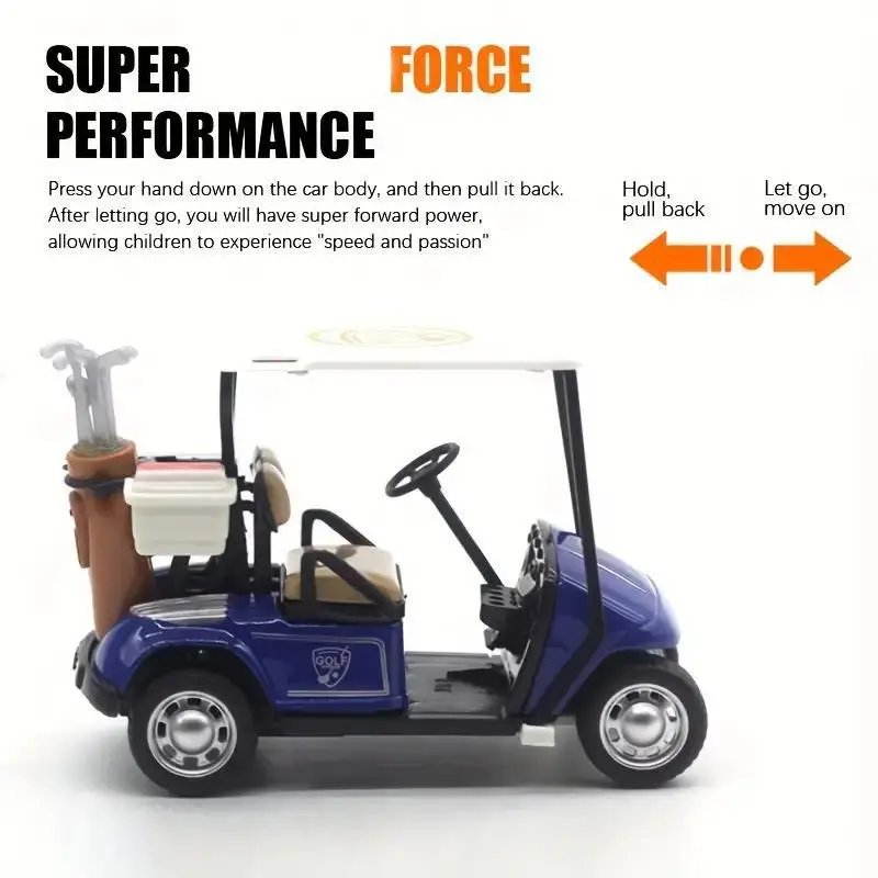 Carro modelo de carrinho de golfe de liga 1:36, brinquedo de energia retrátil e liberação, coleção de veículos de metal fundido, presentes de aniversário educacionais