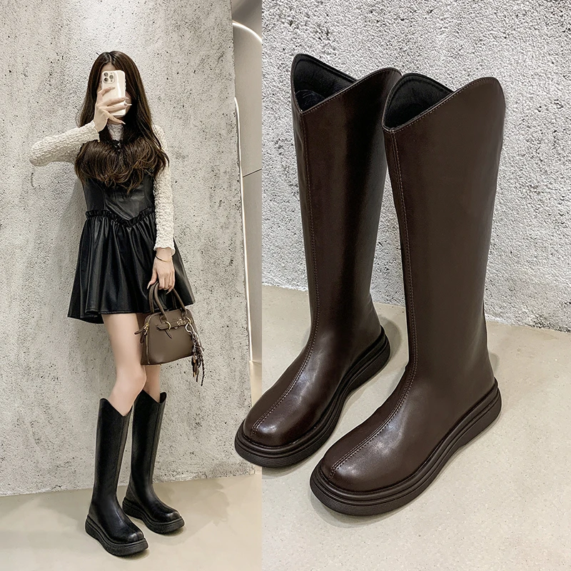 

Женские высокие сапоги на толстом высоком каблуке, женские простые туфли на толстом высоком каблуке, осень-зима, новые модные рыцарские сапоги до колена