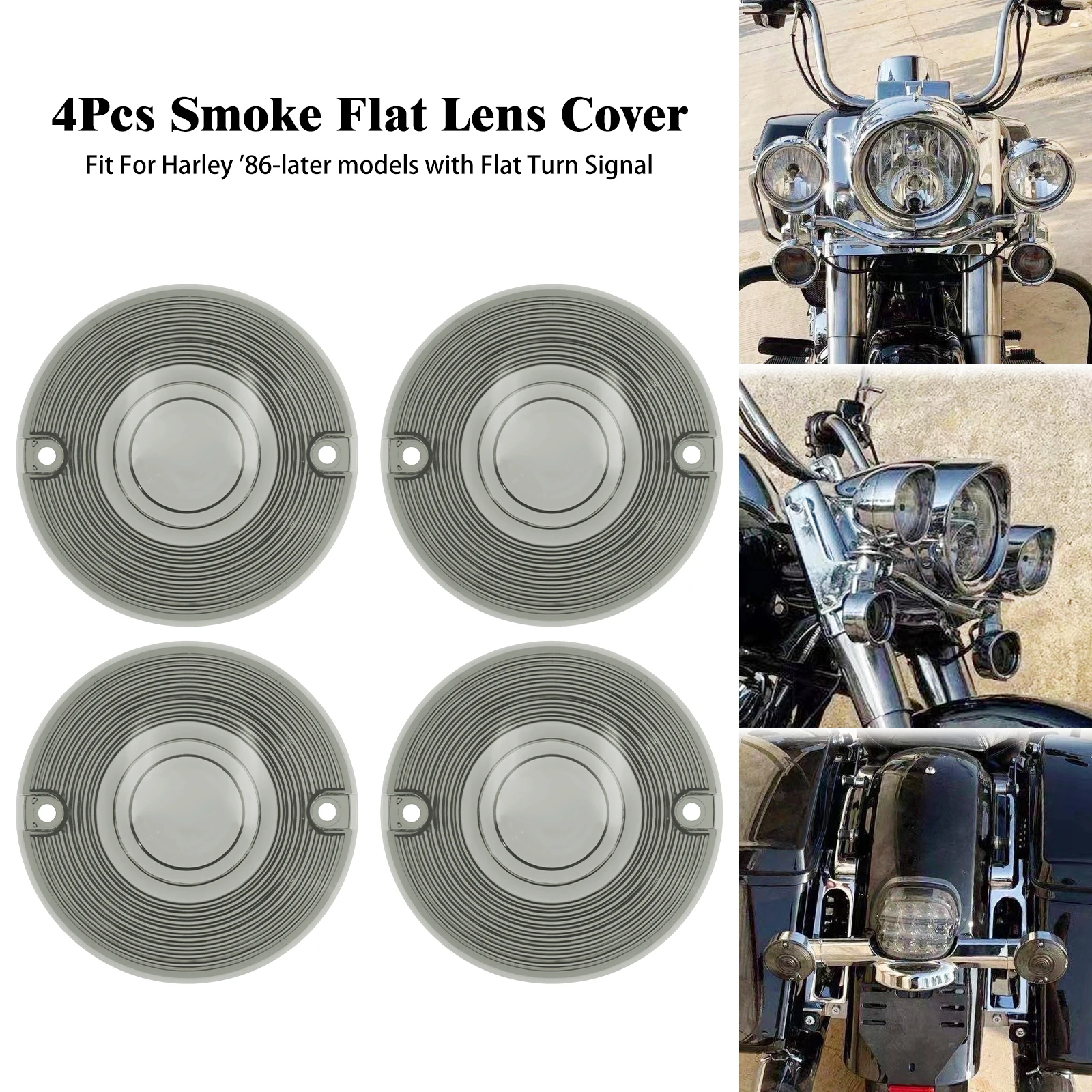 4Pcs Motorcycle Smoke Turn Signal 3 1/4 Inch Flat Lens Cover For Harley Touring FLHR Tour Electra Glide Softail Heritage '86-'23