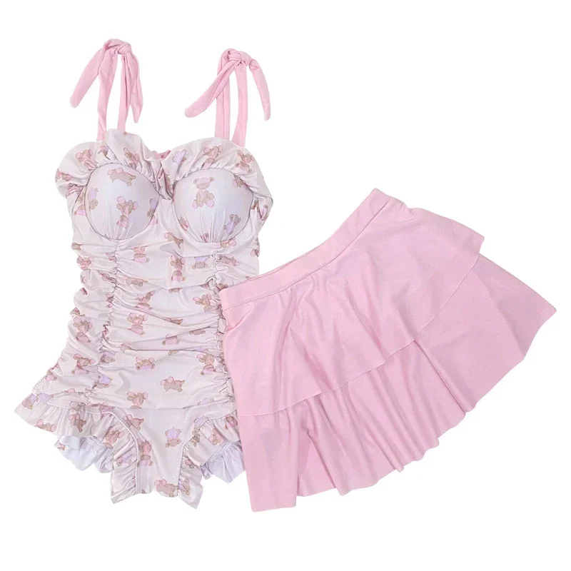 Traje de baño de una pieza con espalda descubierta para niñas Lolita, traje de baño con estampado de oso bonito, Monokini con almohadilla, traje de baño Trikini con lazo