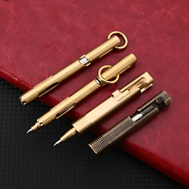 Outdoors EDC Brass Writing Tools Cylindrical Bolt Ballpoint Pen Mini Keychain Business Signature Stationery Gift Pen EDC