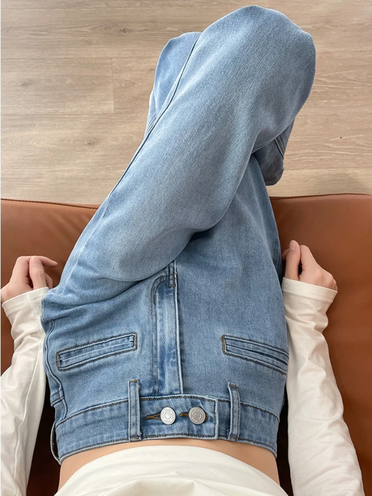 جينز واسع الساق مرن عالي الخصر بلون فاتح للنساء للخريف والشتاء وسراويل أرضية سميكة مستقيمة الساق