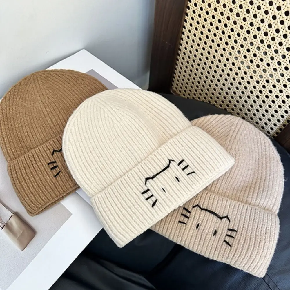 أزياء مطرزة هريرة لطيف القط محبوك قبعة الصوف الدافئة متماسكة بيني الرجعية خمر الطباعة متماسكة قبعة الشتاء