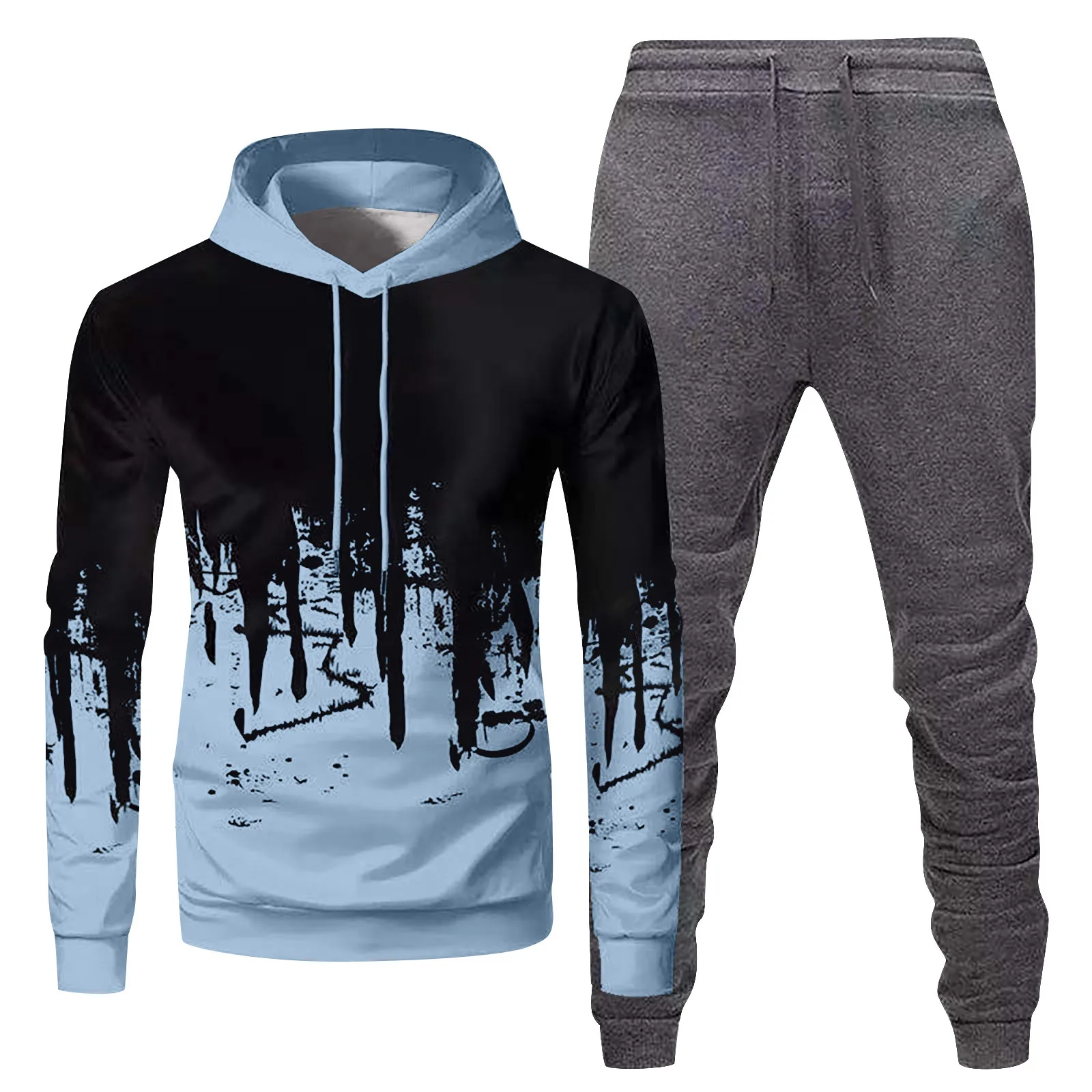 

Men'S Fashion Winter Outdoor Hooded Black Ink Print Sweatshirt+Pants 2-Pcs Sets Male Casual Jogging Suit Tracksuit Clothing Set