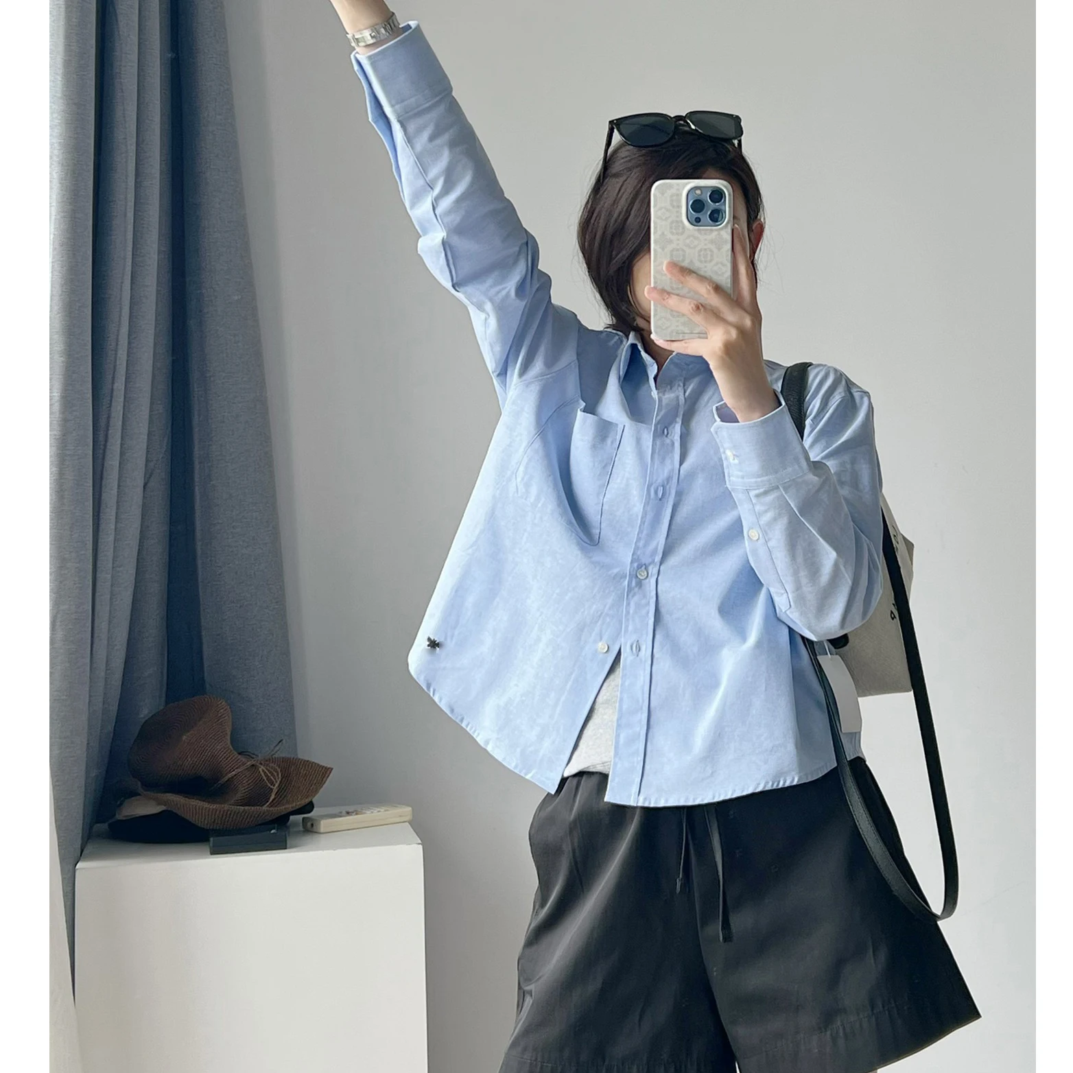 

Ele ort Ox Cotton Long Sve irt Женская Miu Sle Simple Faion с вышивкой Busin Commute Straight Cut irt