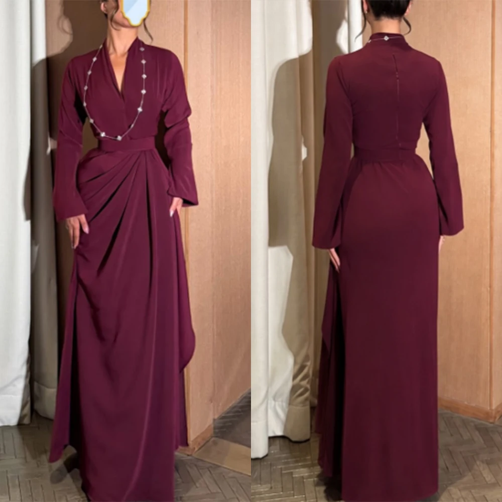 Customized Floor Length Full Sleeves V-neck Satin Vestidos Elegantes Para Mujer Para Una Boda Robe De Soirée Femme Chic فستان