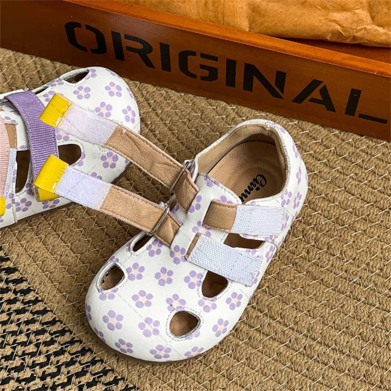 New Baby Shoes Leather Cut-outs Toddler Girls Barefoot Shoes Soft Sole Outdoor Tennis Fashion Little Kids Sandals 18-25