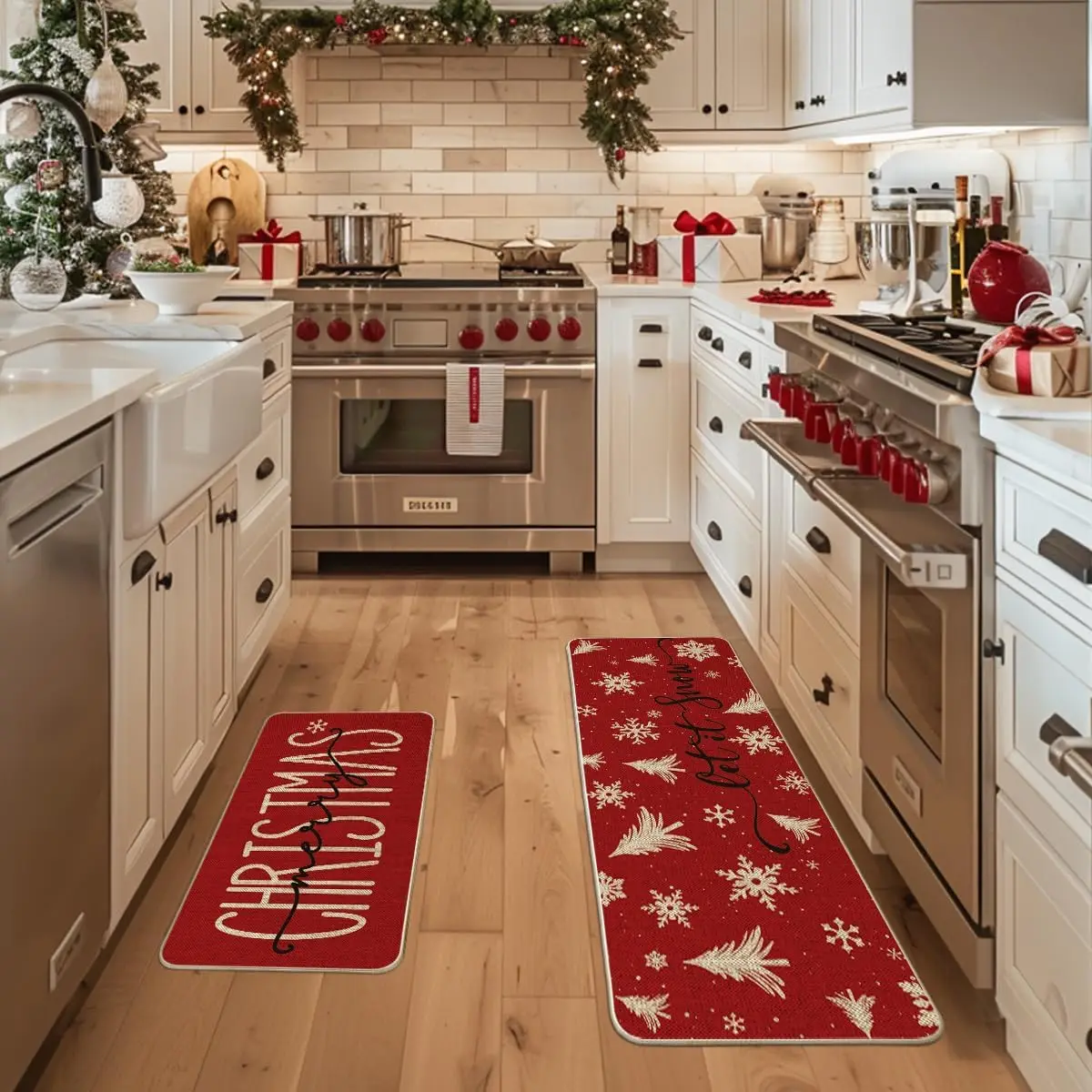 Artoid Mode Xmas Trees Snowflake Let It Snow Merry Christmas Kitchen Mats Set of 2, Winter Decor Low-Profile Kitchen Rugs - 17x2