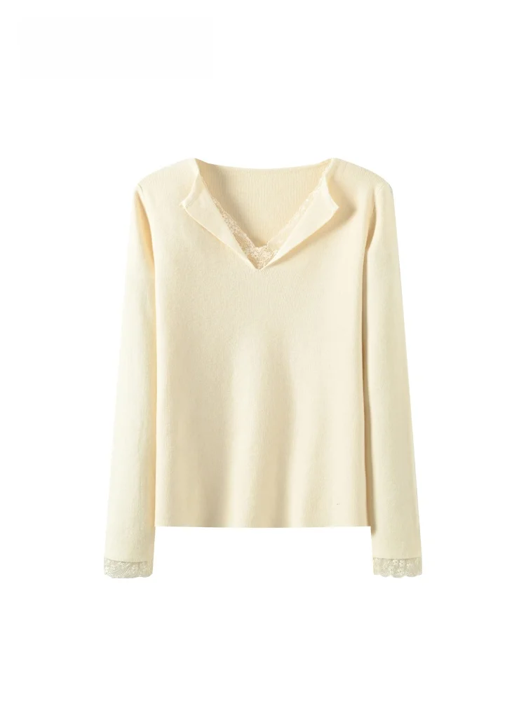 

Casual Lazy Sle Knitted irt Large Size V-Ne Long Sve Lace Splicing Spring Leisure Browsing Wind Women's Knitted Top