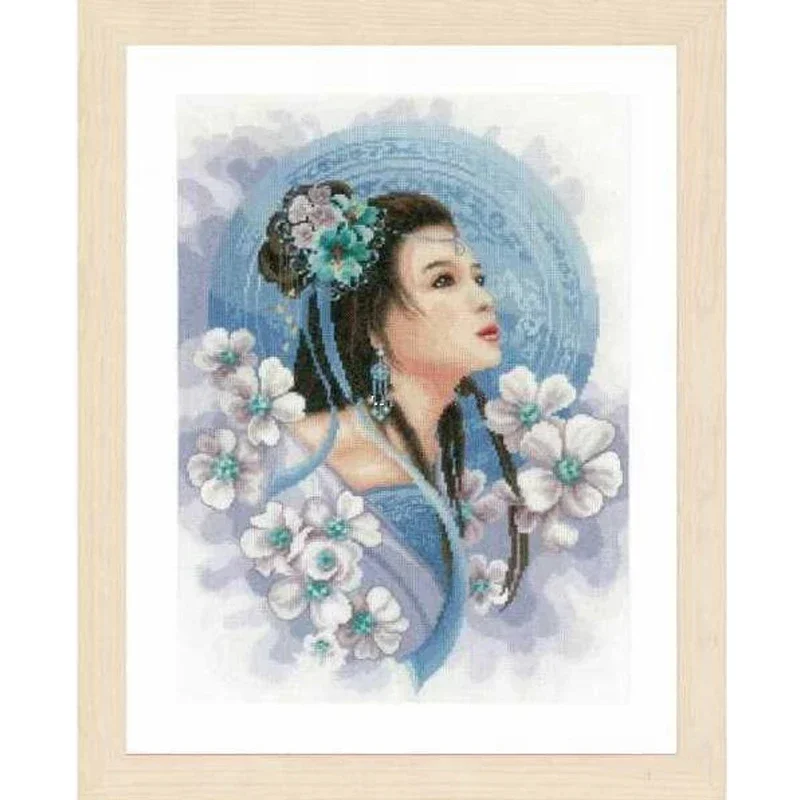 Amishop Gold Collection Beautiful Counted Cross Stitch Kit Asian Lady In Blue Princess Girl Woman Lass And Flowers Lan 0169168