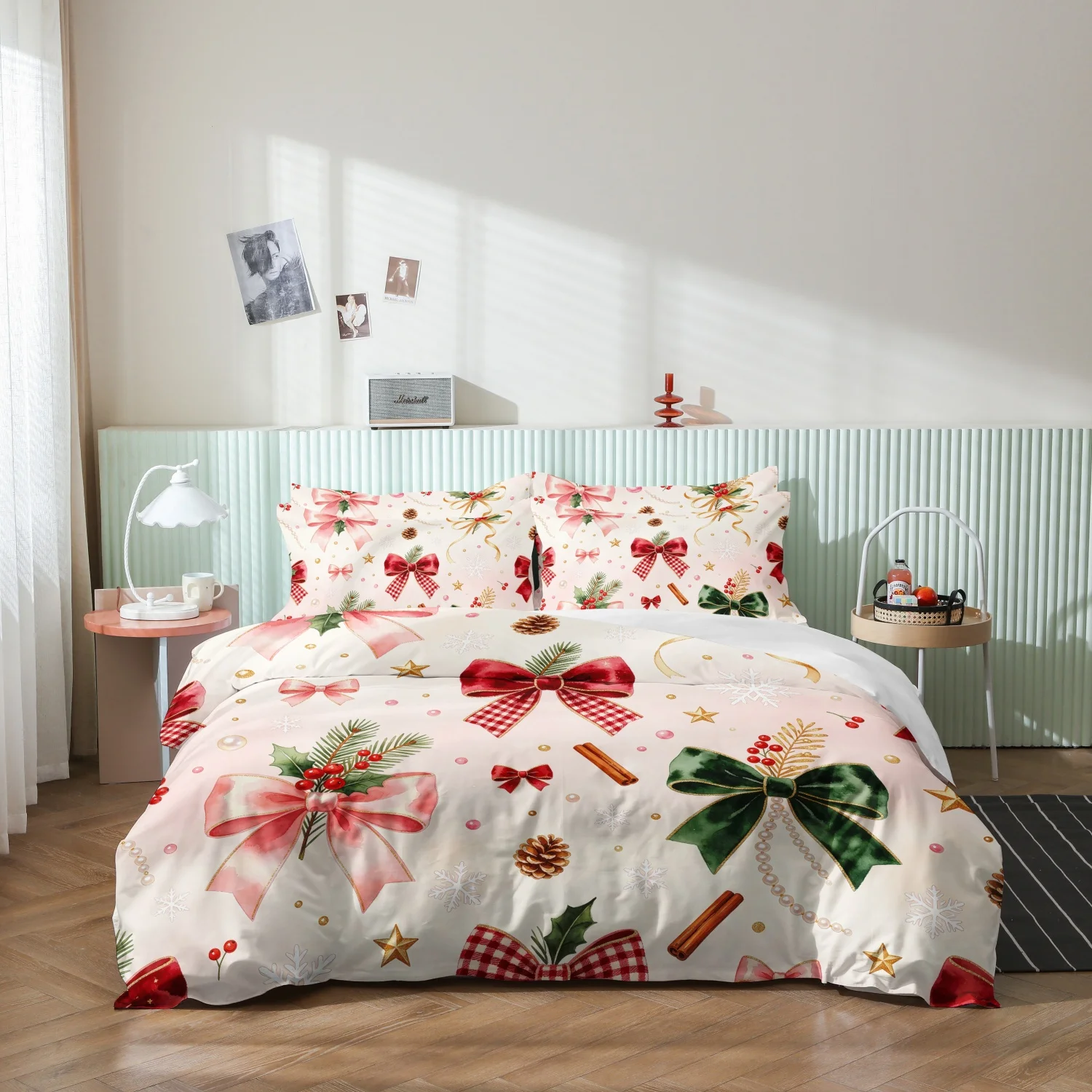 3Pcs Watercolor Bow Christmas Print Duvet Cover Set, Winter Elements Plaid Bow Holly Pine Cone and Cinnamon Sticks Print Bedding