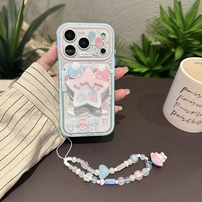 for iphone 17 Pro Max 16 15 14 13 Little Twin Stars Magnetic Holder Phone Case Cartoon Silicone Anti-Drop Shell with Lanyard