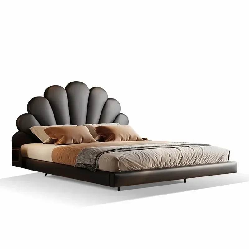 New suspension bed, Italian minimalist leather bed, master bedroom first layer cowhide double bed 2 * 2 meters
