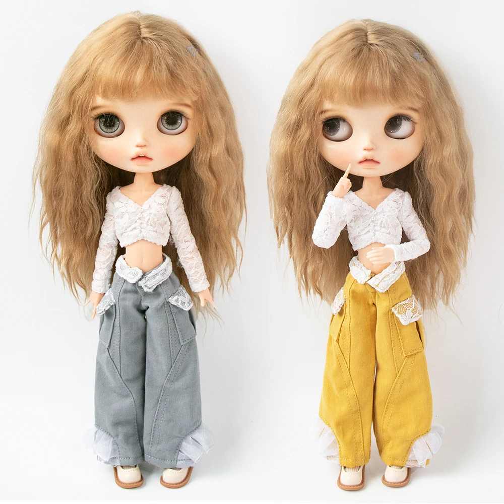 ブライス服 ヴィンテージレース ホワイトトップ ワイドレッグパンツ レースジーンズ カジュアルセット リカ アゾネス オブ22 24 ケル YMYドールアクセサリー用。