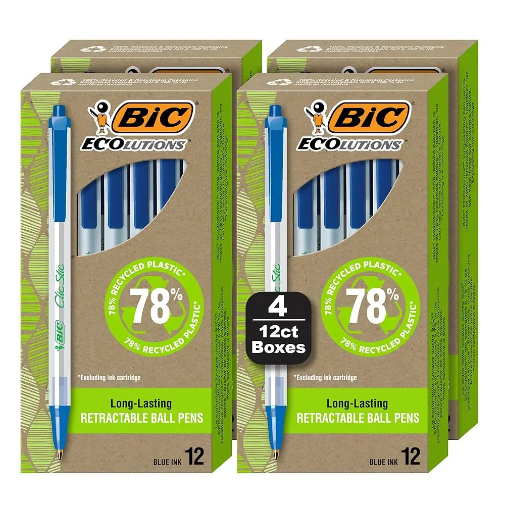 

Ручки шариковые Ecolutions Clic Stic Blue, средняя толщина стержня (1,0 мм), упаковка 48 шт., выдвижные шариковые ручки из 78% переработанных материалов.