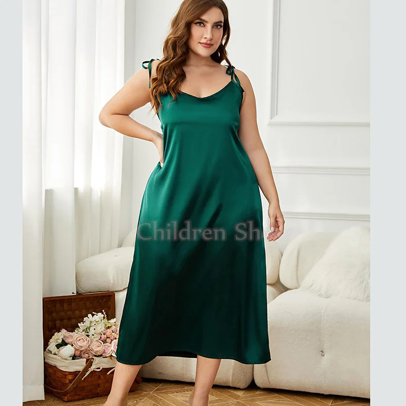 PLUS SIZE Spaghetti Strap Long Nightdress Nightgown Women Sleepwear Bandage Chemise Night Dress Silk Rayon Homewear 3XL 4XL