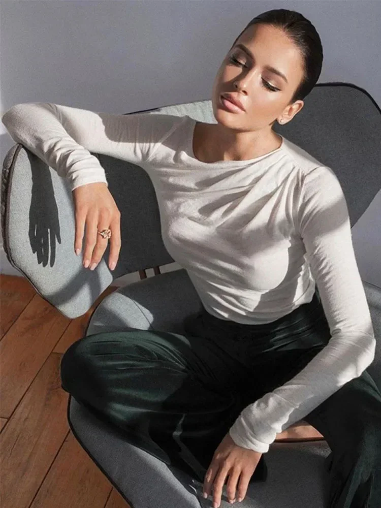 長袖トップス ホワイトTシャツ レディース ベーシック クロップトップ 秋 プルオーバー 無地 スキューネック Tシャツ ストリートウェア ベーシック ブラック Y2K Tシャツ