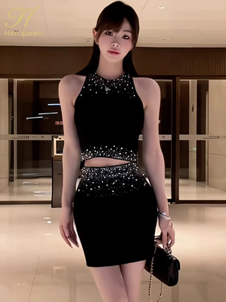 

H Han Queen Korean Knit 2 Pieces Set Women Knitted Top + Luxury Diamonds Pencil Skirts Casual Simple Office Knitted Skirt Suit