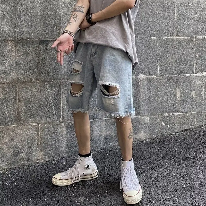 

Summer Thin Ripped Hem Jeans Shorts Men's Beach Loose Casual Five-Quarter Pants Trendy Youth Polyester Fiber Straight Leg Loo...