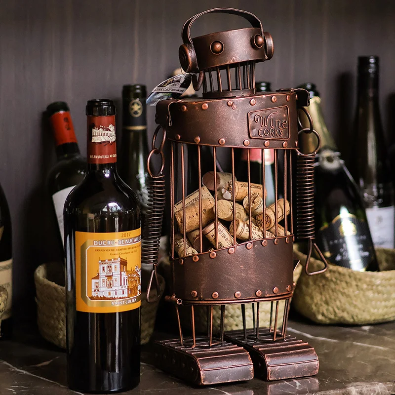 

wrought iron robot sommelier red wine oak stopper piggy bank