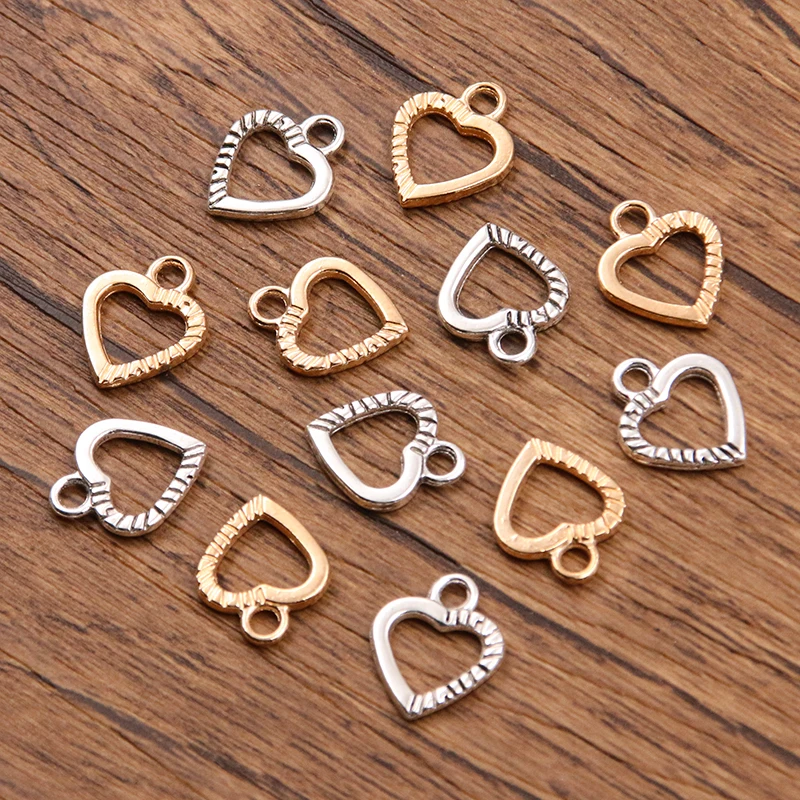 50PCS 12X15mm 2 Color Wholesale Metal Alloy Small Two-sided Hollow Heart Charms Pendant For Jewelry Making DIY Handmade Craft