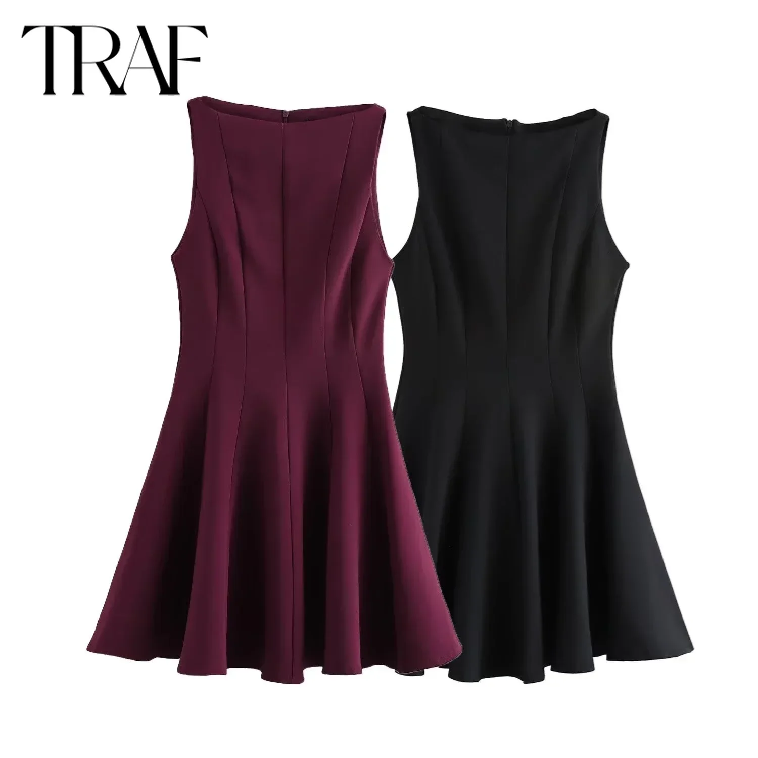 TRAF Dress for Women Fashion 2024 Autumn New French Back Zip Wide Pleated Vest Dresses Birthday Party Chic Female Evening