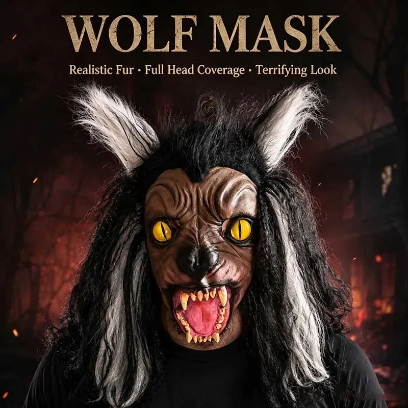 Máscara de Látex de Hombre Lobo Feroz, Máscara de Cabeza Completa con Pelo Simulado, Máscara de Monstruo, Disfraz de Halloween, Decoración para Casa Embrujada