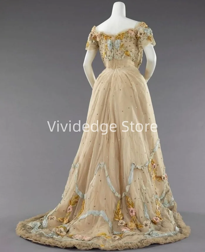 Vintage Short Sleeve Prom Dresses Cubic Floral Renaissance Medieval Dresses Victorian Evening Gowns vestidos de graduación