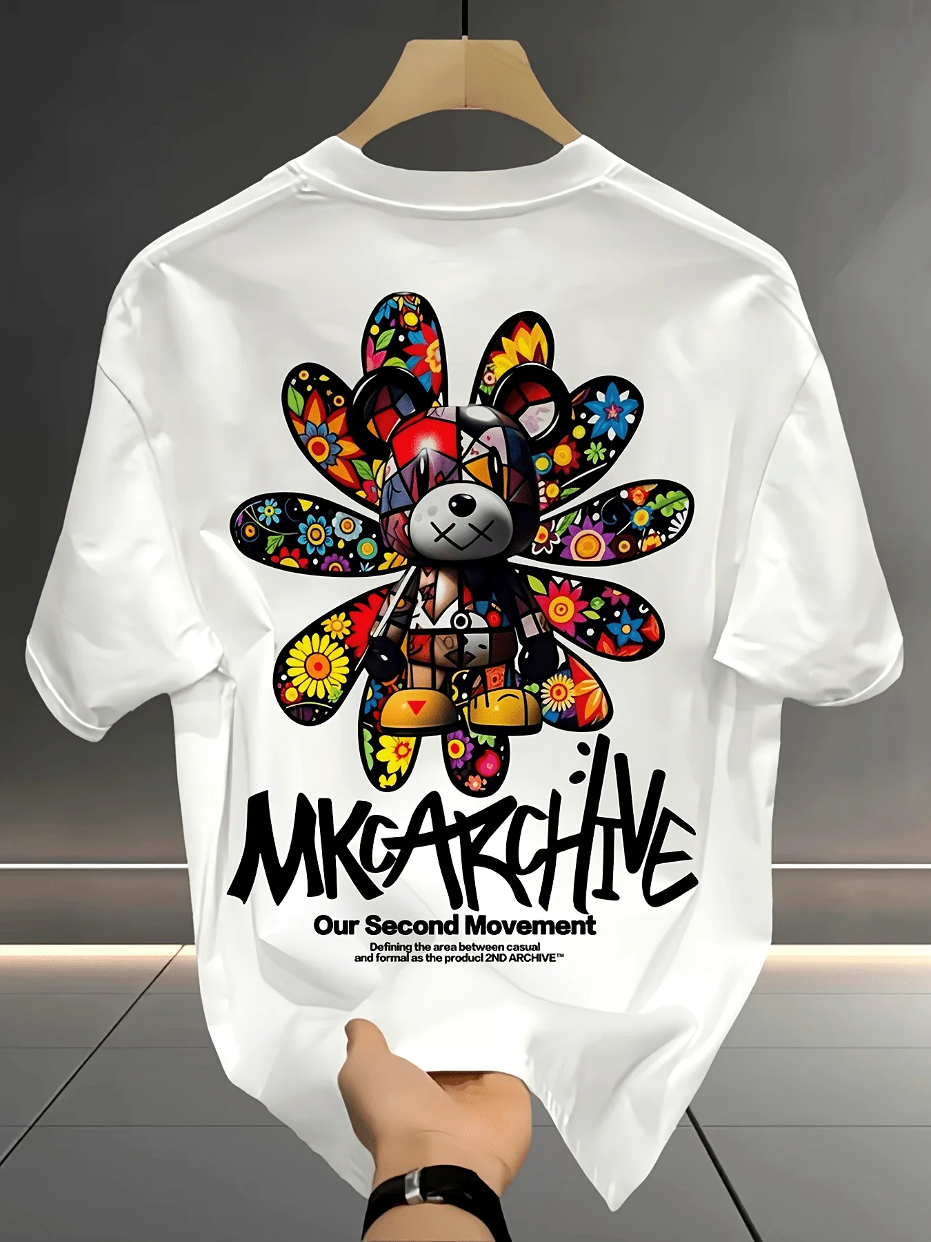 Colorful Sunflower Bear Graffiti Graphic Tee with Bold Lettering Men Women T-shirt Summer Vibrant Casual Statement Top Clothing