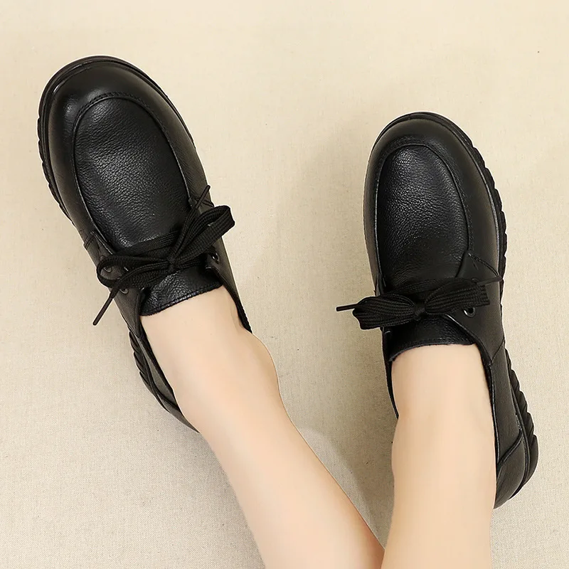 Spring Women Flats Slip-On Sneakers Leather Loafers Lace Up Women Casual Shoes Ladies Footwear Breathable Black Walking Shoes