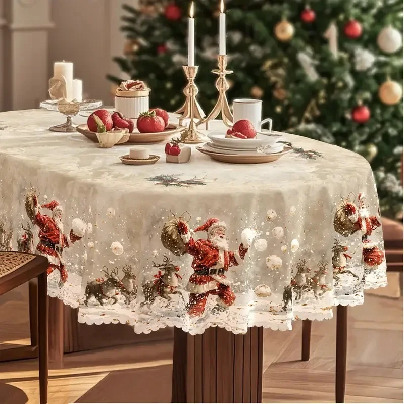 Retro Christmas Table Cloth Waterproof Oil Resistant Red Festive Holiday Table Decoration Rectangular Tablecloth for Home Use