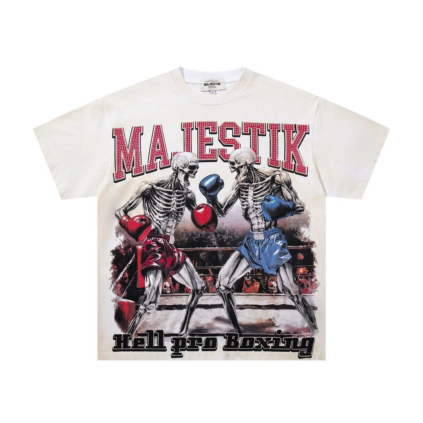 MAJESTIK Boxing Skull Print Men's and Women's Loose Vintage Retro Beaded Lettering Casual Short-Sleeved T-Shirt for Summer