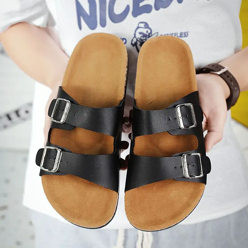 

2024 New Summer Men's Cork Slippers PU Leather Mule Clogs Slippers Man Soft Cork Two Buckle Beach Slides Footwear For Men 45