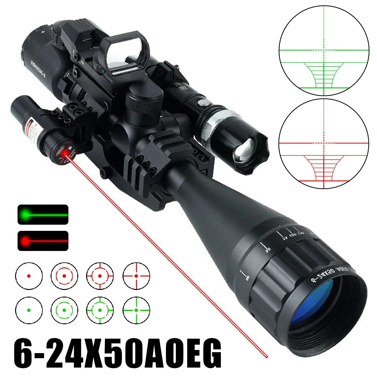 Tactical RifleScope 6-24X50AOEG Long Range Shooting Optic Sight Red Green Laser Flashlight Red Dot Combo Riflescope for Hunting