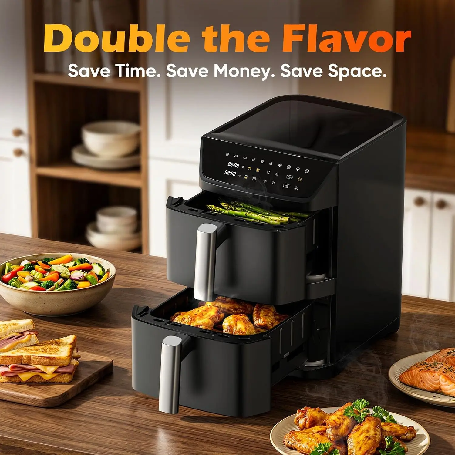 Dual Basket Air Fryer, 12.6QT Family-Size for 10–12 People, XL Basket for 6LB Whole Chicken, DoubleStack Compact Design, 10-in-1