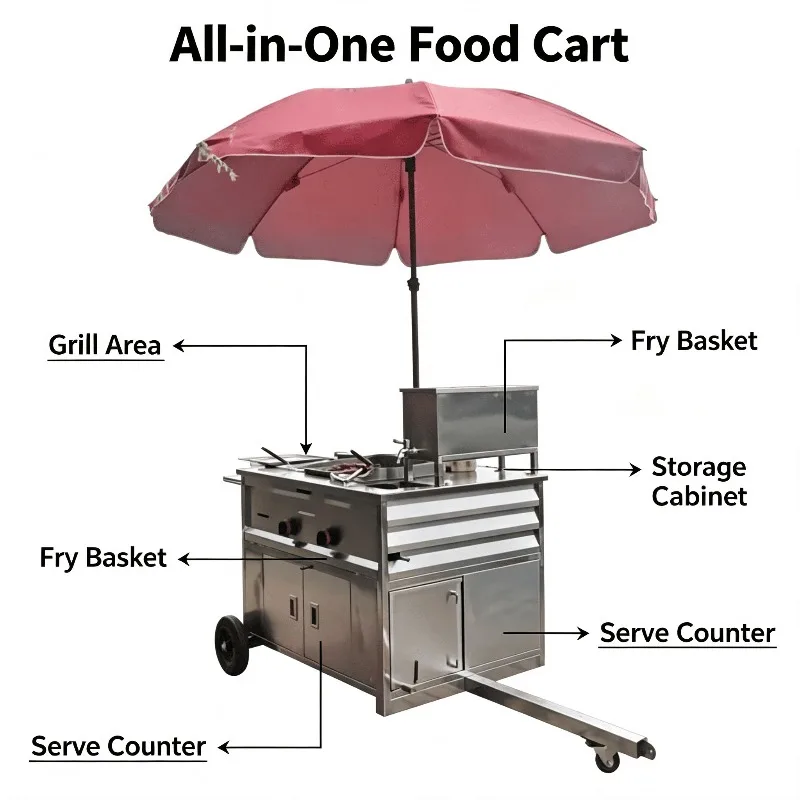 Outdoor Mobile Catering Food Cart Stainless Steel Towable Snack Stand for Street Vendor Hamburger Barbecue Business Customized