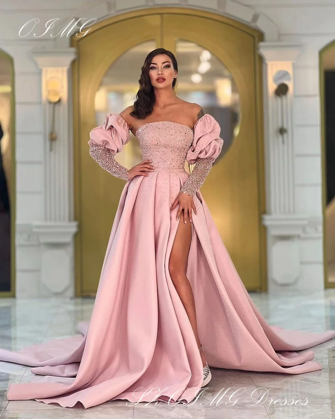 

OIMG Gorgeous Side Slit Prom Dresses Saudi Arabic Women Strapless Pink Sequined A-Line Evening Gowns Occasion Formal Party Dress