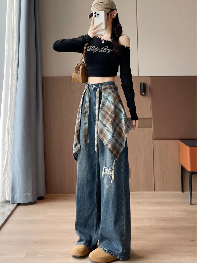 Detachable fart curtain wide leg jeans women's autumn winter high waist design fake two-piece distressed retro loose pants
