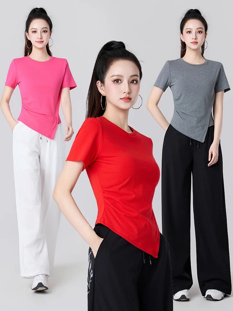 2026-new-square-dance-costume-set-women's-summer-short-sleeve-sports-fitness-dancing-top-for-middle-aged-and-elderly